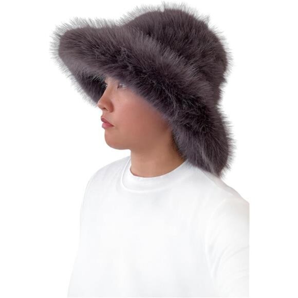 Oversized Winter Faux Fur Bucket Hat for Women Dark Gray - Picture 3 of 5